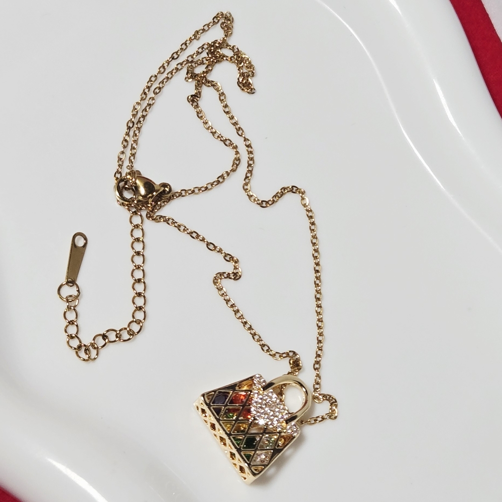 Gold Handbag Necklace Rhinestone Purse Pendant Cute Bling Fashion Jewelry Gift - Picture 9 of 10
